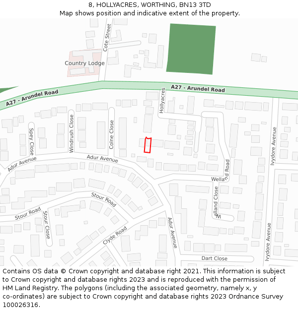 8, HOLLYACRES, WORTHING, BN13 3TD: Location map and indicative extent of plot