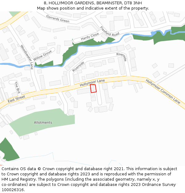 8, HOLLYMOOR GARDENS, BEAMINSTER, DT8 3NH: Location map and indicative extent of plot