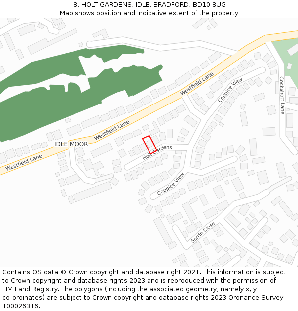 8, HOLT GARDENS, IDLE, BRADFORD, BD10 8UG: Location map and indicative extent of plot