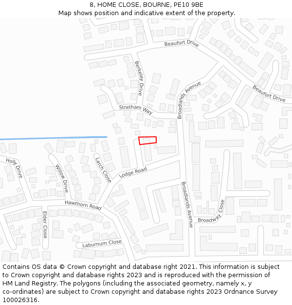 8, HOME CLOSE, BOURNE, PE10 9BE: Location map and indicative extent of plot