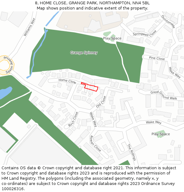 8, HOME CLOSE, GRANGE PARK, NORTHAMPTON, NN4 5BL: Location map and indicative extent of plot