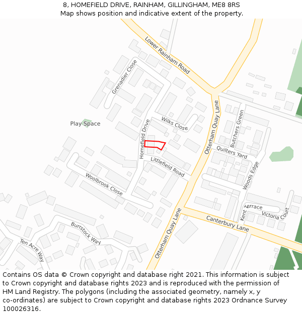 8, HOMEFIELD DRIVE, RAINHAM, GILLINGHAM, ME8 8RS: Location map and indicative extent of plot