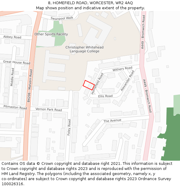 8, HOMEFIELD ROAD, WORCESTER, WR2 4AQ: Location map and indicative extent of plot