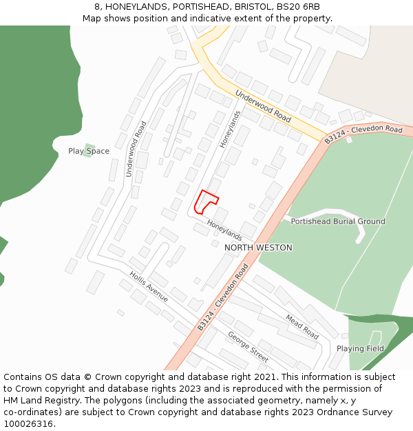 8, HONEYLANDS, PORTISHEAD, BRISTOL, BS20 6RB: Location map and indicative extent of plot