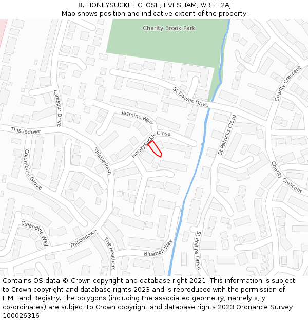 8, HONEYSUCKLE CLOSE, EVESHAM, WR11 2AJ: Location map and indicative extent of plot