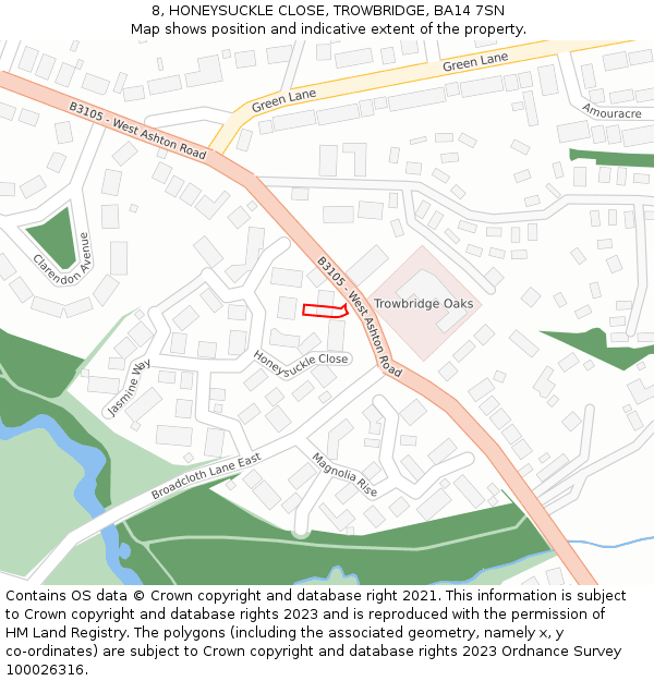 8, HONEYSUCKLE CLOSE, TROWBRIDGE, BA14 7SN: Location map and indicative extent of plot