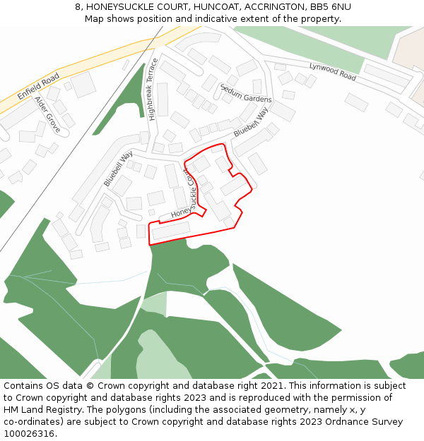 8, HONEYSUCKLE COURT, HUNCOAT, ACCRINGTON, BB5 6NU: Location map and indicative extent of plot
