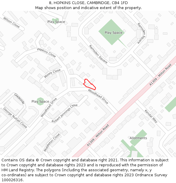 8, HOPKINS CLOSE, CAMBRIDGE, CB4 1FD: Location map and indicative extent of plot