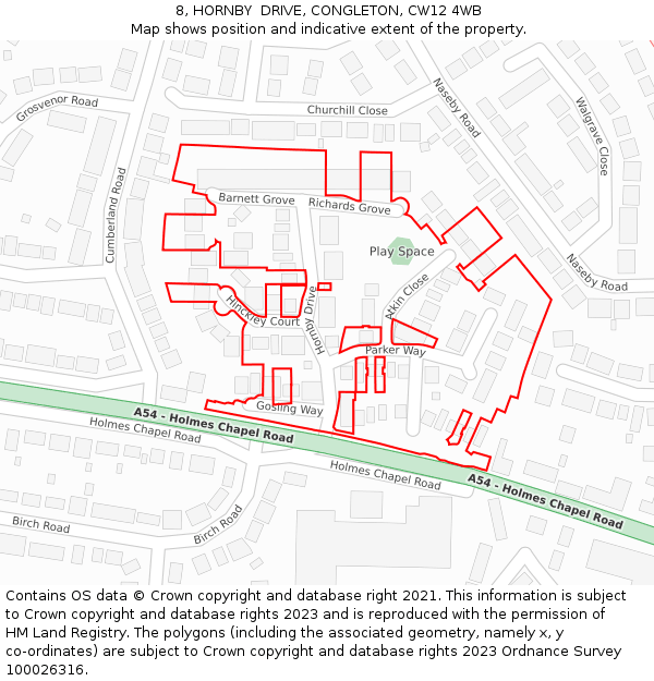 8, HORNBY  DRIVE, CONGLETON, CW12 4WB: Location map and indicative extent of plot