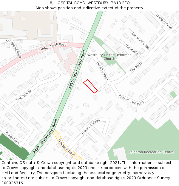 8, HOSPITAL ROAD, WESTBURY, BA13 3EQ: Location map and indicative extent of plot