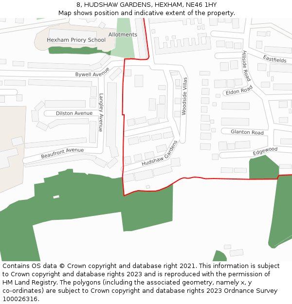 8, HUDSHAW GARDENS, HEXHAM, NE46 1HY: Location map and indicative extent of plot