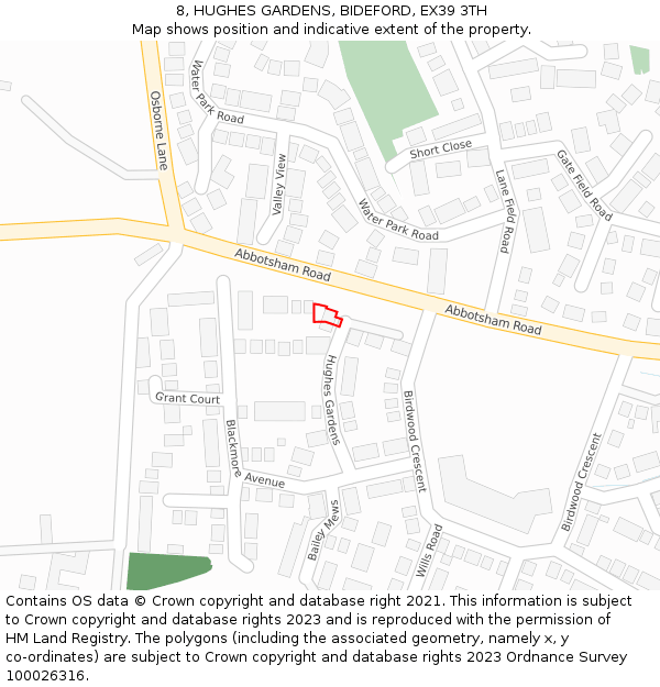 8, HUGHES GARDENS, BIDEFORD, EX39 3TH: Location map and indicative extent of plot