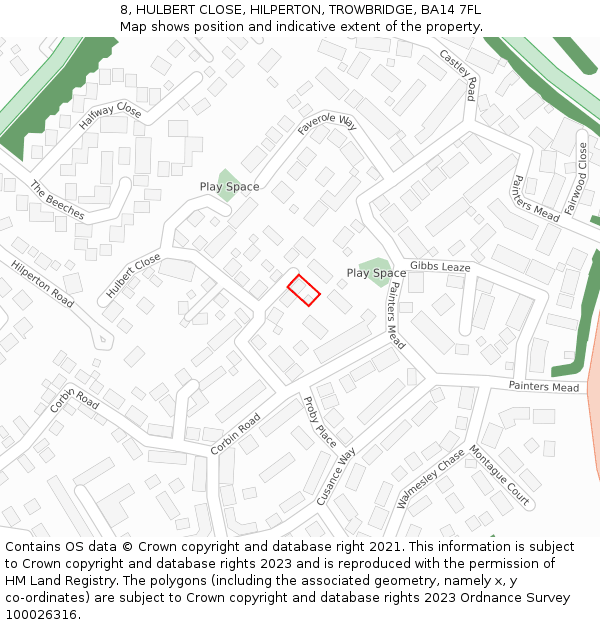 8, HULBERT CLOSE, HILPERTON, TROWBRIDGE, BA14 7FL: Location map and indicative extent of plot