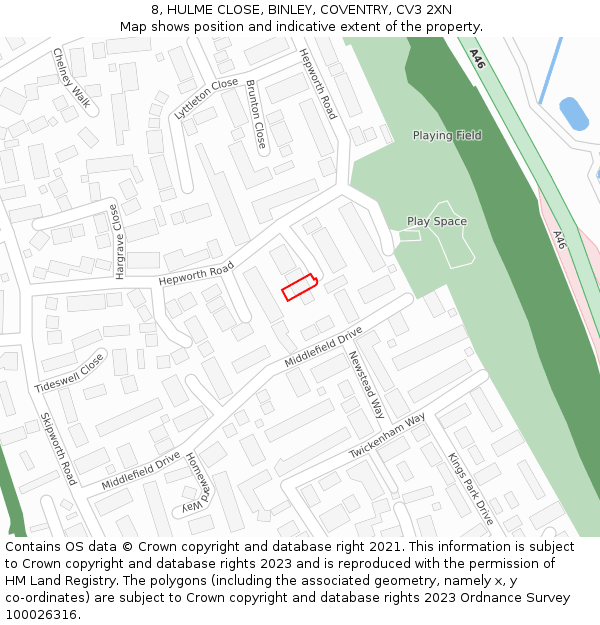 8, HULME CLOSE, BINLEY, COVENTRY, CV3 2XN: Location map and indicative extent of plot