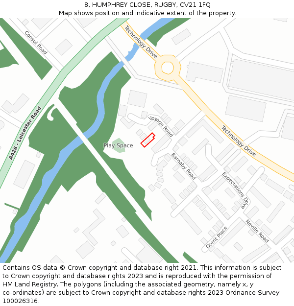 8, HUMPHREY CLOSE, RUGBY, CV21 1FQ: Location map and indicative extent of plot