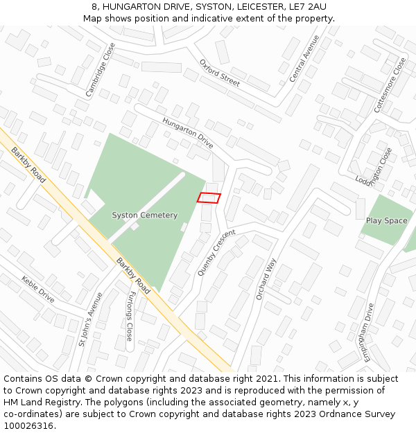8, HUNGARTON DRIVE, SYSTON, LEICESTER, LE7 2AU: Location map and indicative extent of plot