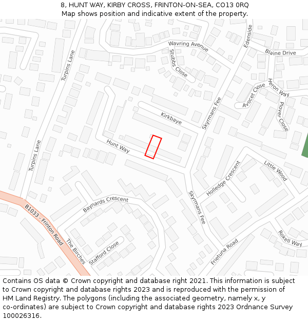 8, HUNT WAY, KIRBY CROSS, FRINTON-ON-SEA, CO13 0RQ: Location map and indicative extent of plot