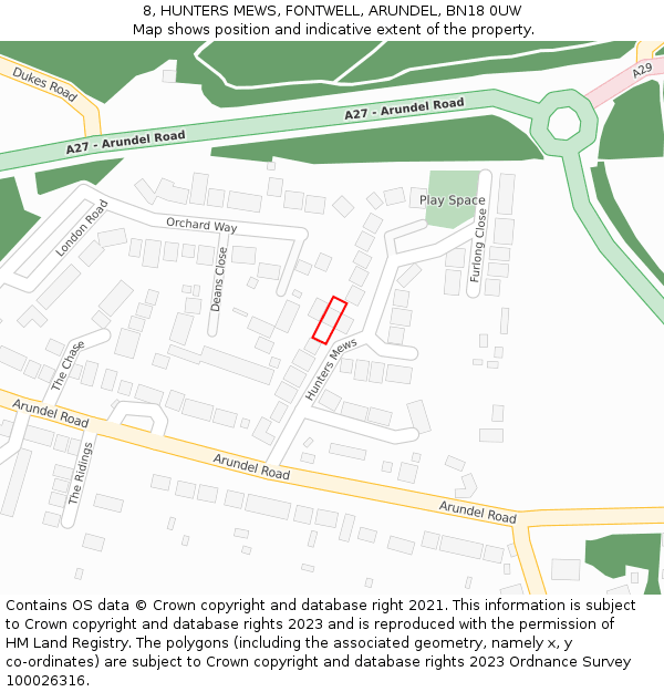 8, HUNTERS MEWS, FONTWELL, ARUNDEL, BN18 0UW: Location map and indicative extent of plot