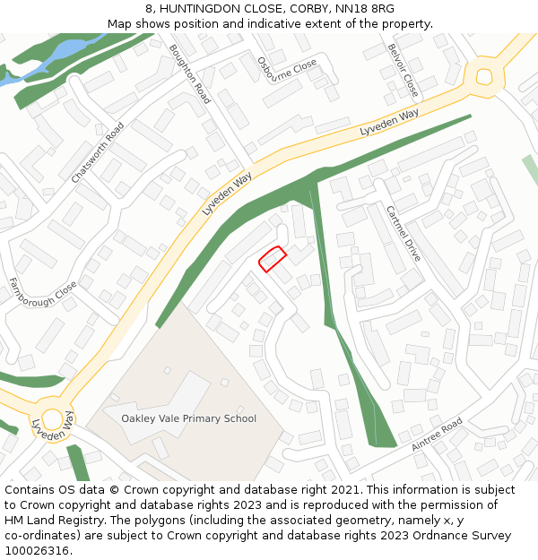 8, HUNTINGDON CLOSE, CORBY, NN18 8RG: Location map and indicative extent of plot