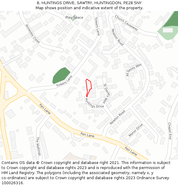 8, HUNTINGS DRIVE, SAWTRY, HUNTINGDON, PE28 5NY: Location map and indicative extent of plot