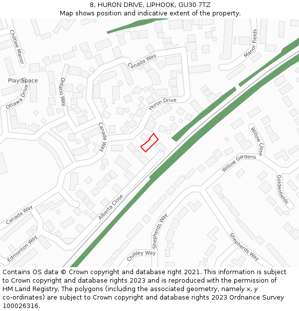 8, HURON DRIVE, LIPHOOK, GU30 7TZ: Location map and indicative extent of plot