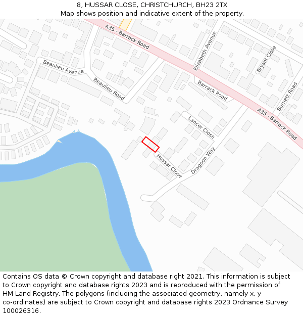 8, HUSSAR CLOSE, CHRISTCHURCH, BH23 2TX: Location map and indicative extent of plot