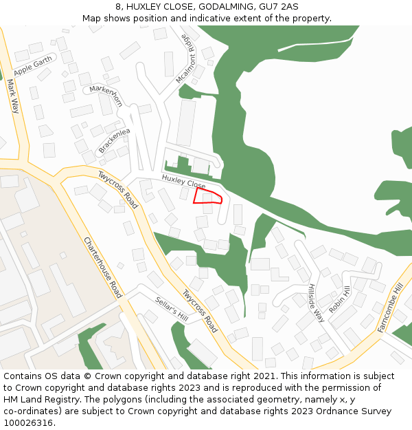 8, HUXLEY CLOSE, GODALMING, GU7 2AS: Location map and indicative extent of plot