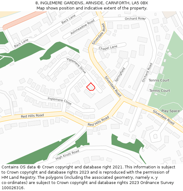 8, INGLEMERE GARDENS, ARNSIDE, CARNFORTH, LA5 0BX: Location map and indicative extent of plot