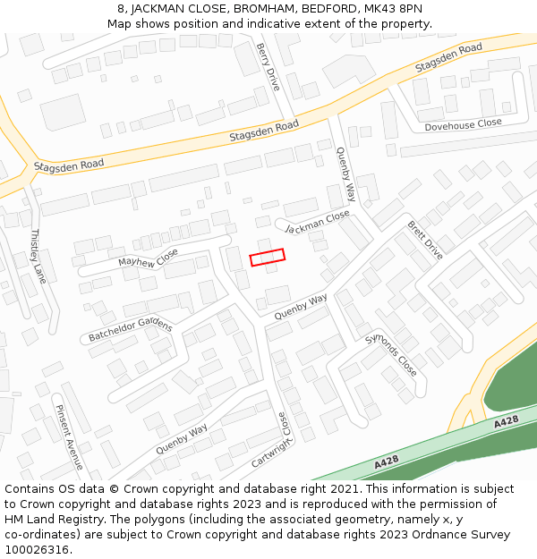 8, JACKMAN CLOSE, BROMHAM, BEDFORD, MK43 8PN: Location map and indicative extent of plot