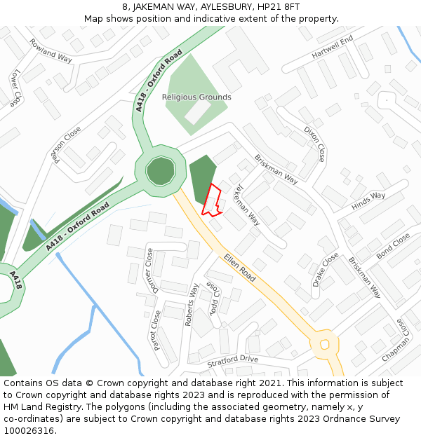 8, JAKEMAN WAY, AYLESBURY, HP21 8FT: Location map and indicative extent of plot