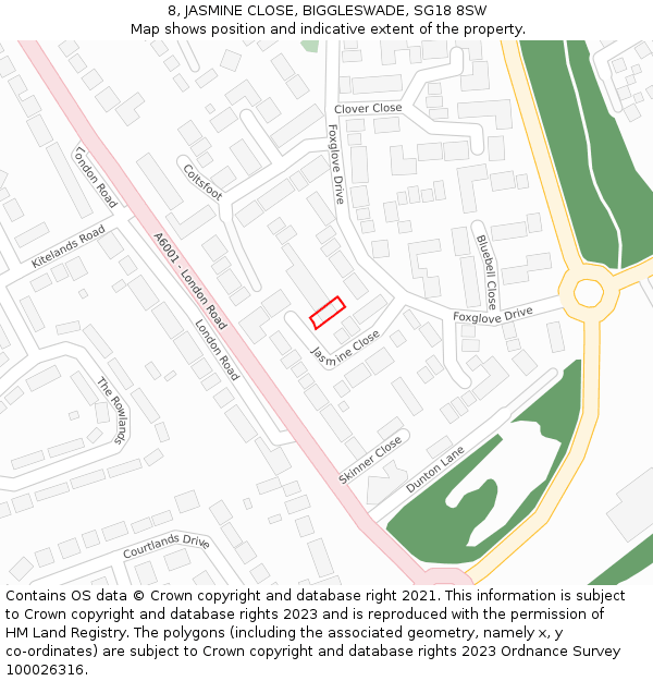 8, JASMINE CLOSE, BIGGLESWADE, SG18 8SW: Location map and indicative extent of plot