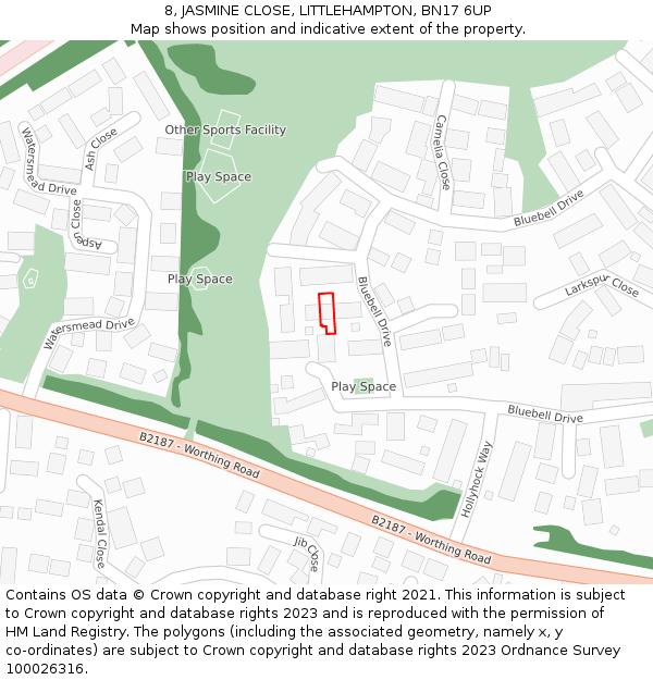 8, JASMINE CLOSE, LITTLEHAMPTON, BN17 6UP: Location map and indicative extent of plot