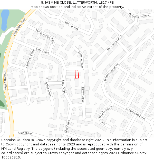 8, JASMINE CLOSE, LUTTERWORTH, LE17 4FE: Location map and indicative extent of plot