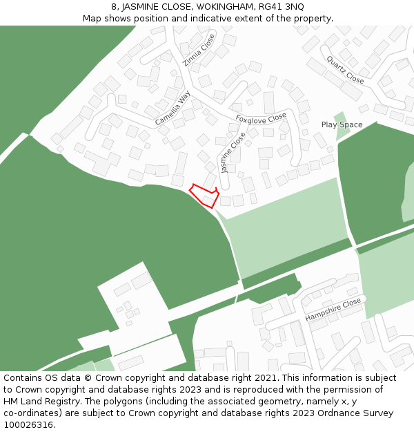 8, JASMINE CLOSE, WOKINGHAM, RG41 3NQ: Location map and indicative extent of plot