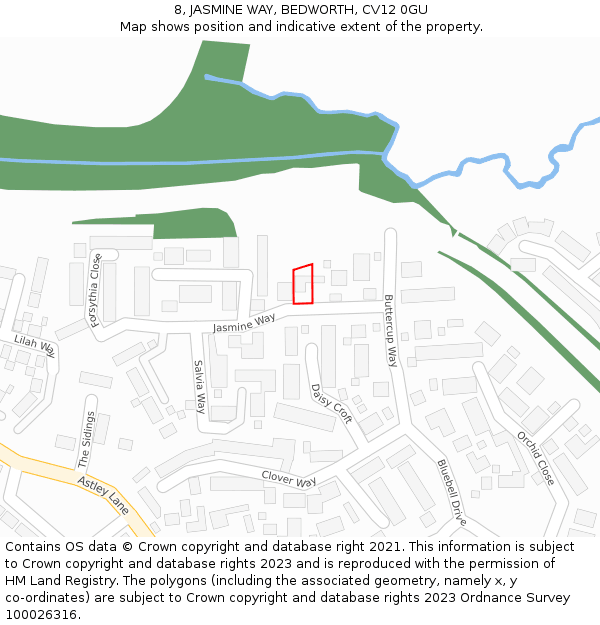 8, JASMINE WAY, BEDWORTH, CV12 0GU: Location map and indicative extent of plot