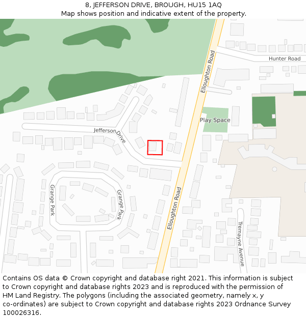 8, JEFFERSON DRIVE, BROUGH, HU15 1AQ: Location map and indicative extent of plot