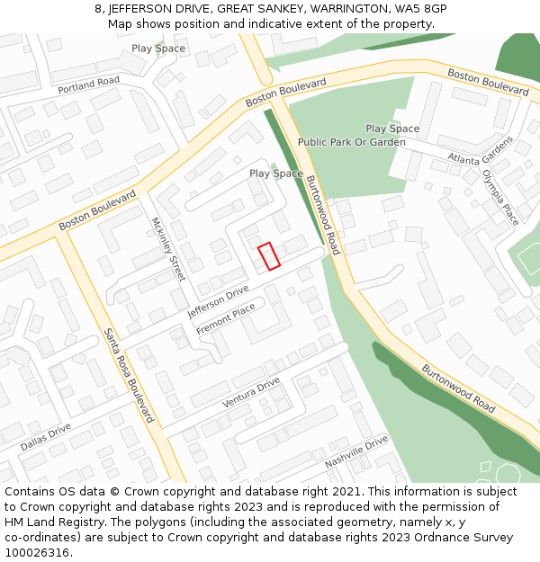 8, JEFFERSON DRIVE, GREAT SANKEY, WARRINGTON, WA5 8GP: Location map and indicative extent of plot