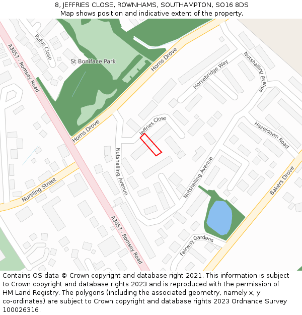 8, JEFFRIES CLOSE, ROWNHAMS, SOUTHAMPTON, SO16 8DS: Location map and indicative extent of plot