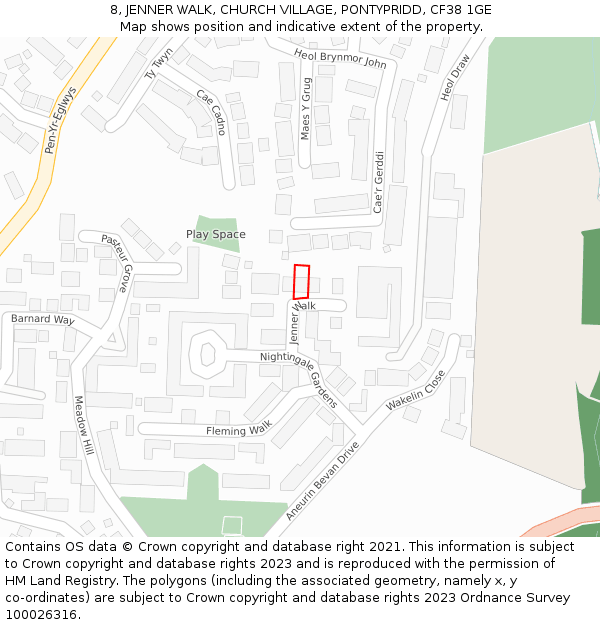 8, JENNER WALK, CHURCH VILLAGE, PONTYPRIDD, CF38 1GE: Location map and indicative extent of plot