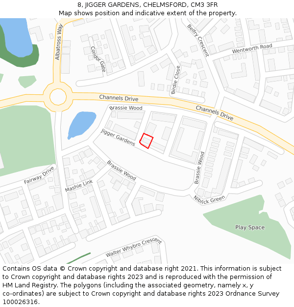 8, JIGGER GARDENS, CHELMSFORD, CM3 3FR: Location map and indicative extent of plot