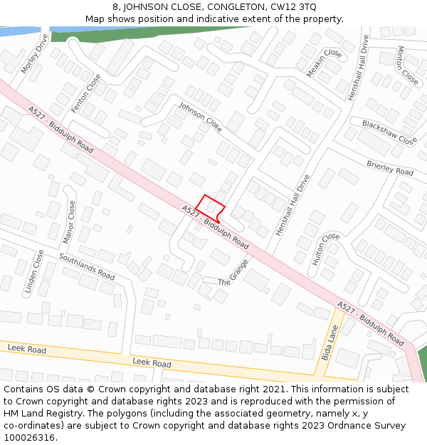 8, JOHNSON CLOSE, CONGLETON, CW12 3TQ: Location map and indicative extent of plot