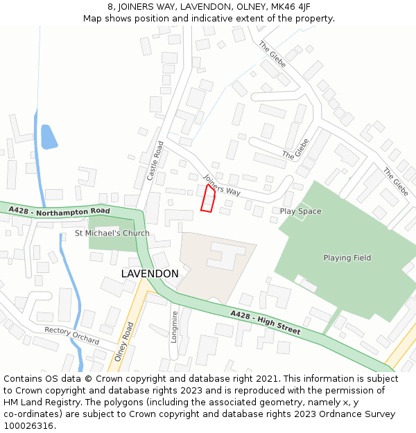 8, JOINERS WAY, LAVENDON, OLNEY, MK46 4JF: Location map and indicative extent of plot