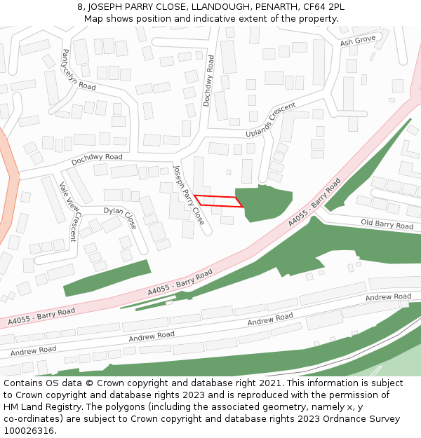 8, JOSEPH PARRY CLOSE, LLANDOUGH, PENARTH, CF64 2PL: Location map and indicative extent of plot