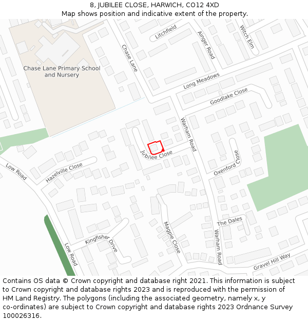 8, JUBILEE CLOSE, HARWICH, CO12 4XD: Location map and indicative extent of plot