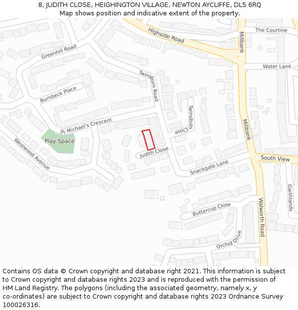 8, JUDITH CLOSE, HEIGHINGTON VILLAGE, NEWTON AYCLIFFE, DL5 6RQ: Location map and indicative extent of plot