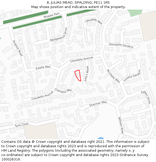 8, JULIAS MEAD, SPALDING, PE11 1RS: Location map and indicative extent of plot