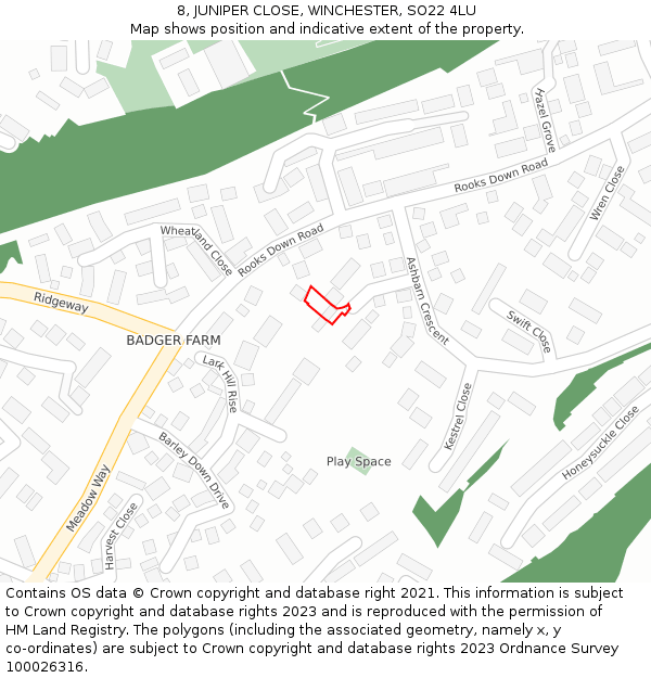 8, JUNIPER CLOSE, WINCHESTER, SO22 4LU: Location map and indicative extent of plot