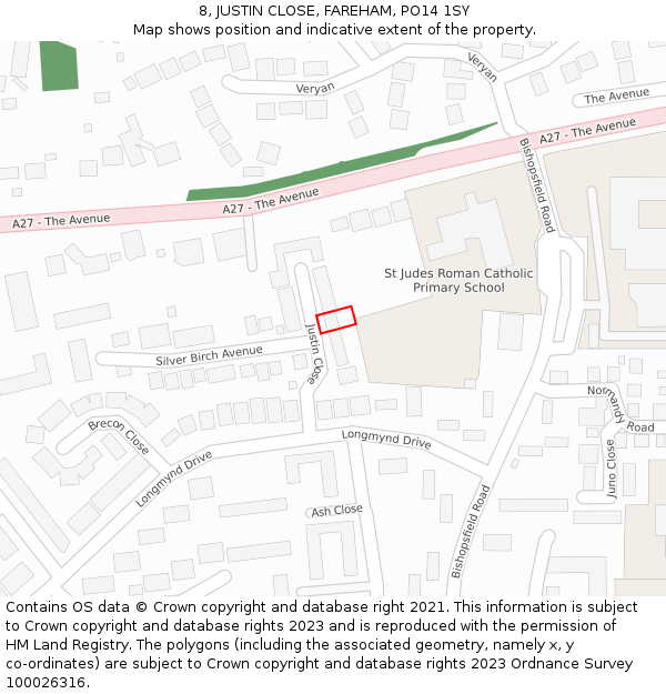 8, JUSTIN CLOSE, FAREHAM, PO14 1SY: Location map and indicative extent of plot