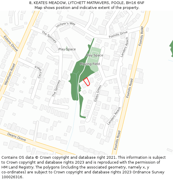 8, KEATES MEADOW, LYTCHETT MATRAVERS, POOLE, BH16 6NF: Location map and indicative extent of plot