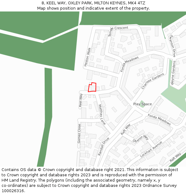 8, KEEL WAY, OXLEY PARK, MILTON KEYNES, MK4 4TZ: Location map and indicative extent of plot